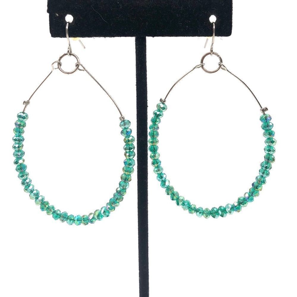 Dangle Hoops silver tone W/ Crystals